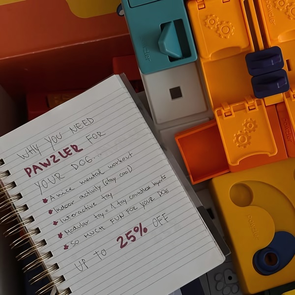 A top-down, square format ad showing a handwritten list of benefits for a dog puzzle toy next to the product itself, emphasizing educational value and a direct discount.