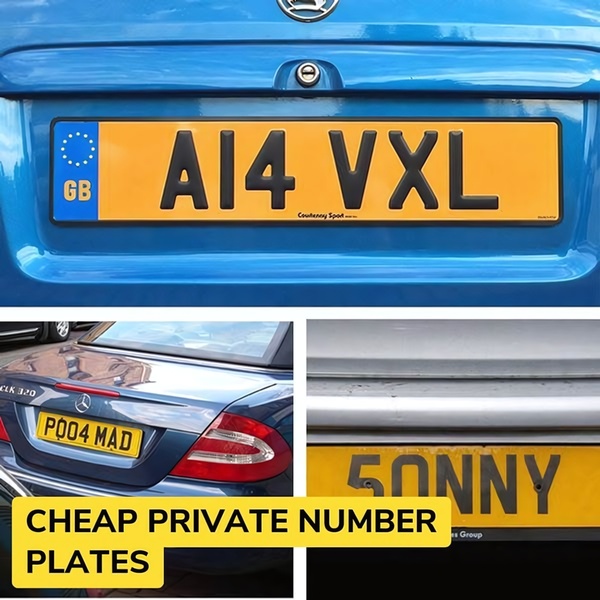 A high-contrast collage showcasing various private number plates on vehicle bumpers, immediately highlighting the value-driven, affordable pricing model.