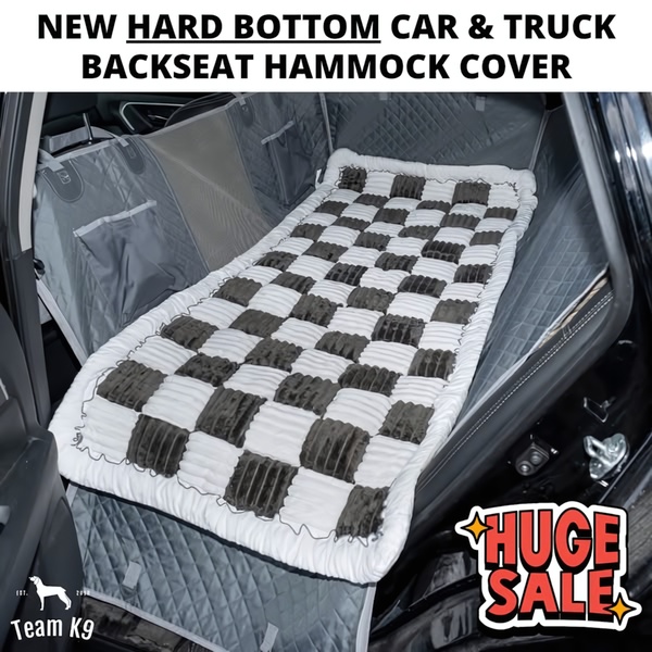 A top-down view showing a patterned backseat pet hammock installed in a vehicle, highlighting the hard-bottom structure and a promotional sale banner.