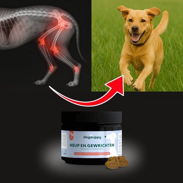 A split-screen comparison showing an X-ray of joint inflammation on the left and a happy, mobile dog on the right, linked by a directional arrow to a product jar.