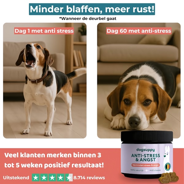 A split-screen comparison showing a dog barking before the product and a calm dog after 60 days of use, highlighting clear efficacy.