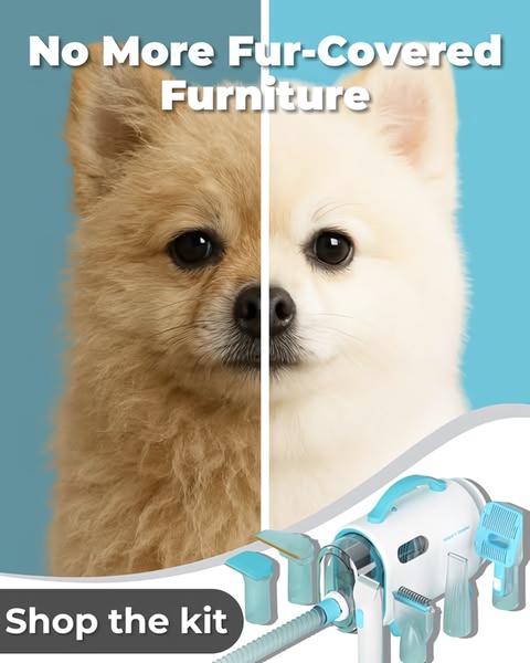 A split-screen comparison showing a furry dog versus a groomed dog, paired with a grooming vacuum kit to highlight efficiency and home cleanliness.