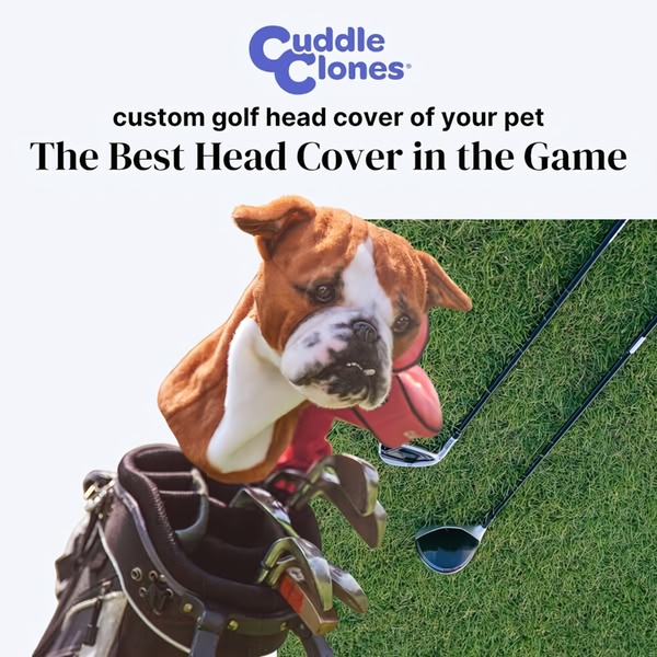 This creative features a custom golf head cover shaped like a pet, showcased on a golf bag to emphasize its unique and premium nature.