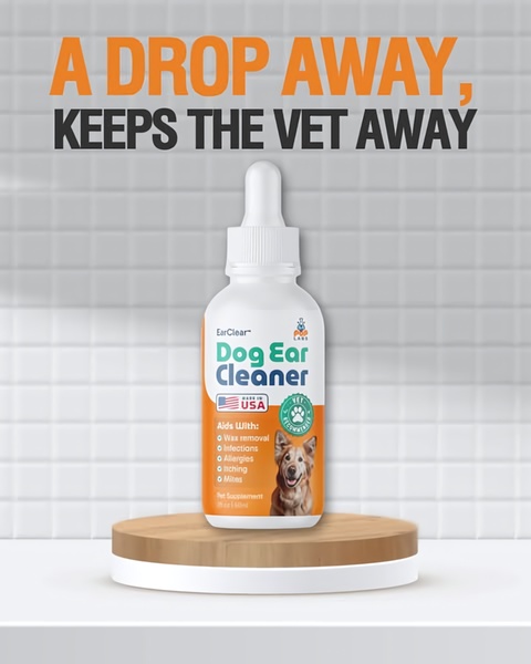 A high-converting static ad for a dog ear cleaner supplement using a clean, professional aesthetic to establish product trust and health benefits.