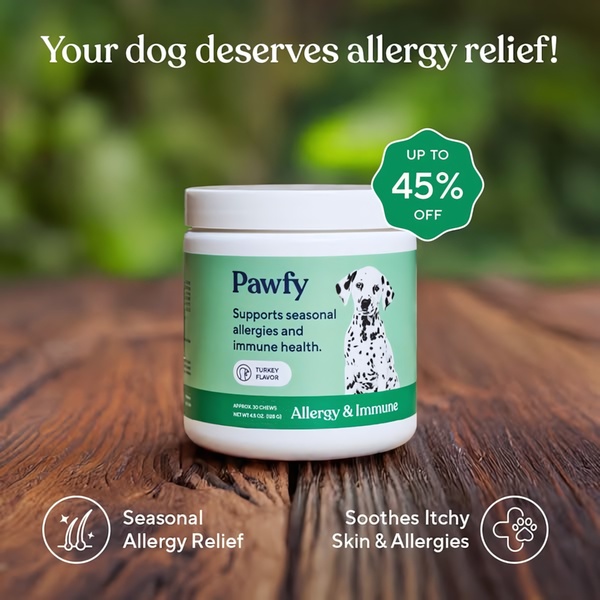 A clean, product-centric ad featuring a jar of dog allergy chews with clear benefit badges and a seasonal allergy relief value proposition.