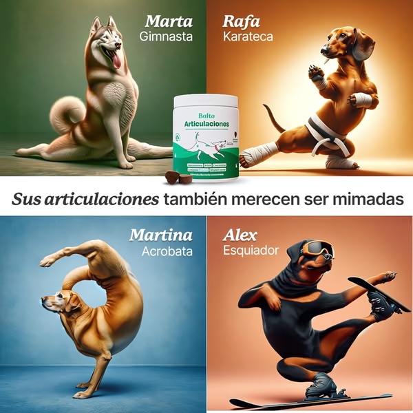 A 1:1 format creative featuring four different dog breeds performing human activities to illustrate the benefits of joint health supplements.