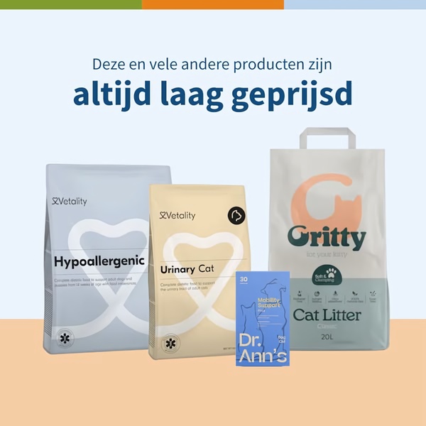 A clean, minimalist 1:1 square graphic showcasing a variety of pet food and litter products with a strong value-driven headline.