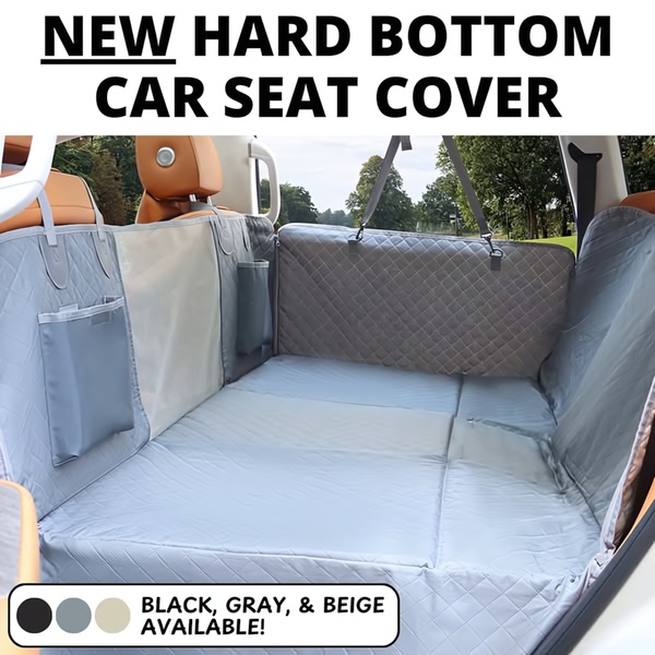 A clear, square format product advertisement showcasing the protective features of a heavy-duty car seat cover for pet owners.