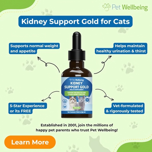 A clear, benefit-driven product graphic for a cat health supplement featuring key features and a trust-based CTA.