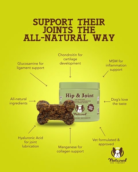 A clear, clean graphic layout using arrows to connect specific ingredients to their exact benefits for canine joint health.