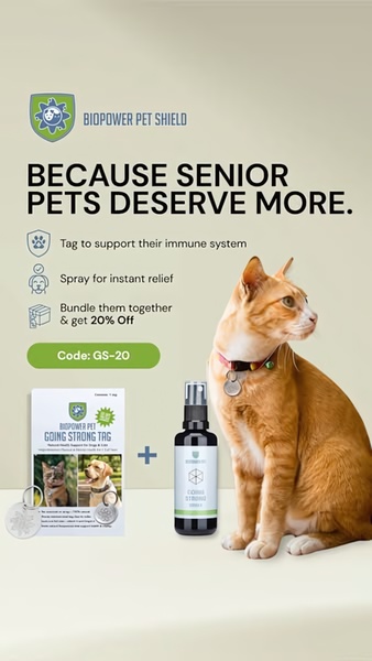 This static 9:16 ad features a clean, minimalist layout highlighting a pet immune system support tag and relief spray bundle with a clear discount incentive.