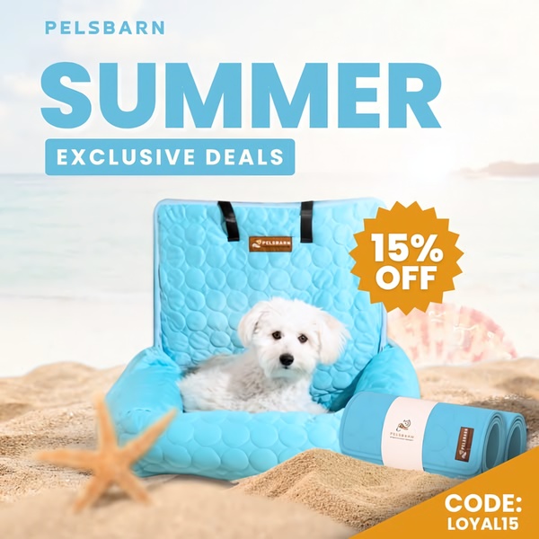 A square ad creative featuring a pet cooling mat on a beach background with a 15% discount badge and promotional coupon code.