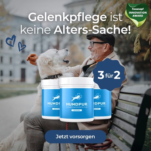A high-conversion creative for dog joint health supplements featuring an emotional connection between an owner and his pet, paired with a clear promotional offer.