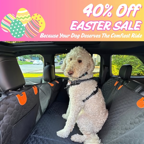 A festive, pet-focused advertisement highlighting a 40% discount for a car seat cover with a dog seated in the center.