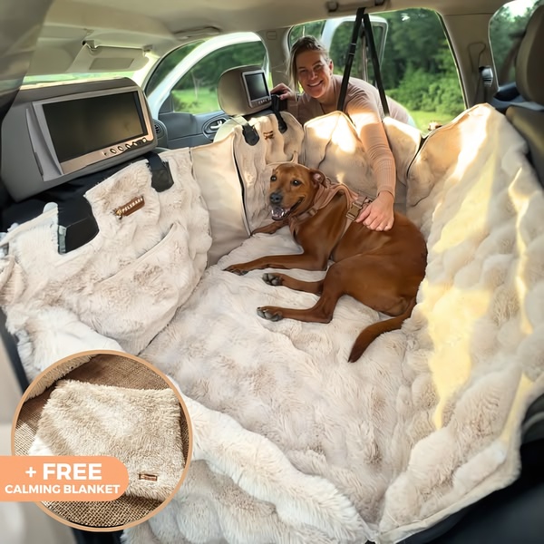 A high-conversion 1_1 lifestyle shot showing a happy dog on a premium pet car seat cover with an overlaid offer for a free matching calming blanket.