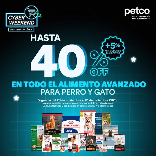 A high-contrast, text-heavy promotional graphic featuring a variety of premium dog and cat food brands with a clear Cyber Weekend offer.