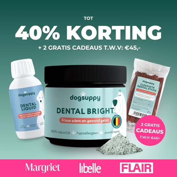 A clean, studio-lit product showcase highlighting a discount offer, free gifts, and social proof for pet dental care products.