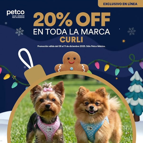 A festive, holiday-themed social media ad for a pet harness brand, featuring a 20% discount offer and a seasonal graphical design.