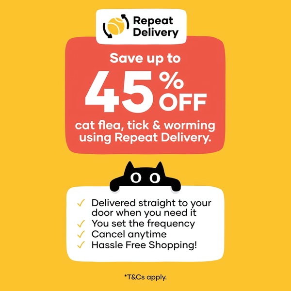 A high-contrast, text-heavy subscription promotion for pet medical supplies that uses a clean design and clear benefit list to reduce purchase friction.