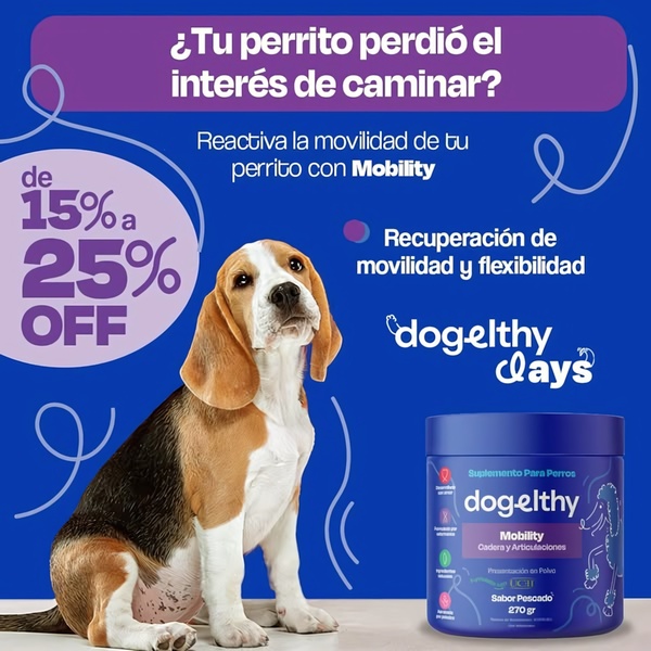 A square-ratio ad featuring a beagle sitting next to a container of mobility supplement, highlighting a 15-25% off discount and benefit-driven copy.