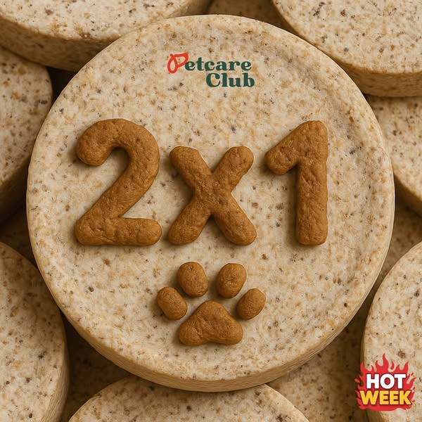 A close-up, high-texture product shot showing pet treats arranged to form a 2x1 offer, utilizing a clear, benefit-driven promotional hook.