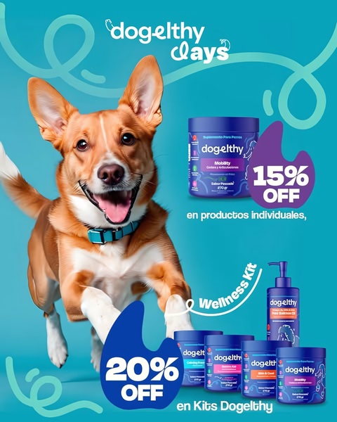 This ad creative uses a bright teal background and an energetic dog to anchor a dual-tier discount offer for individual products and bundled kits.