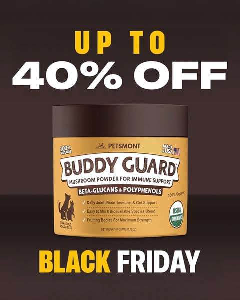 A clean, high-contrast promotional graphic advertising a 40% discount on mushroom powder for dogs and cats during a Black Friday sale event.