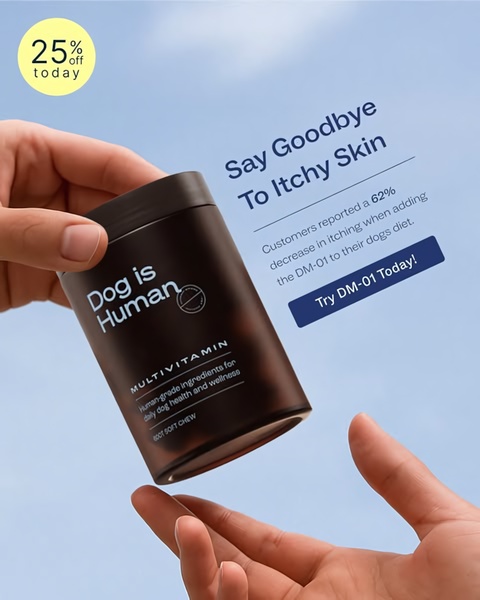 A clean, human-centered product advertisement featuring a dog multivitamin, highlighting specific ingredient benefits and a time-sensitive discount.