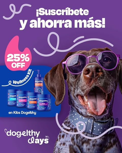 A 4:5 ratio ad featuring a smiling dog in purple sunglasses to promote a pet wellness kit subscription with a 25% discount.