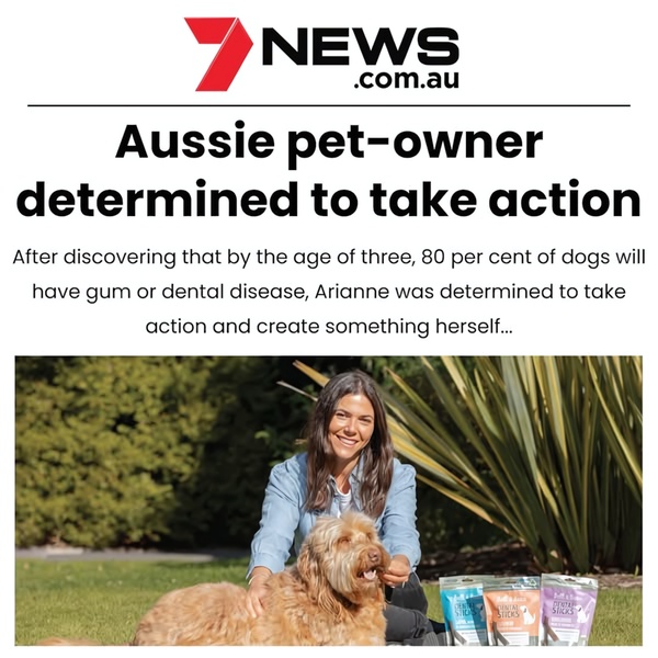 This creative features a brand founder interacting with her dog alongside the product, using a news-style header to establish immediate credibility.