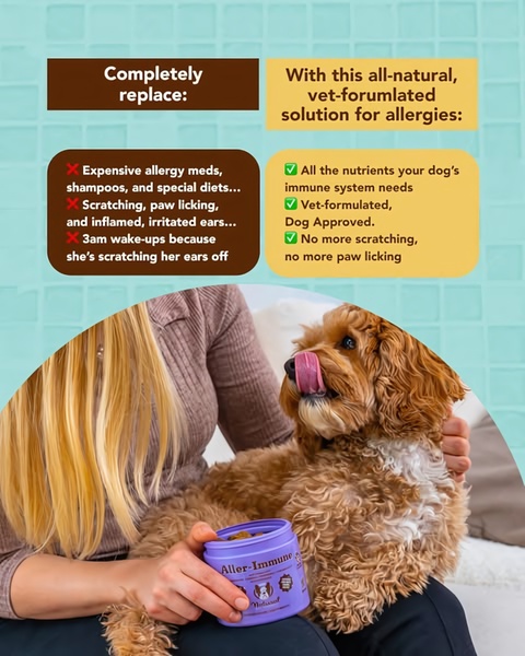 This ad creative uses a clear split-layout comparison to contrast the frustrations of traditional pet treatments with the benefits of a natural supplement.