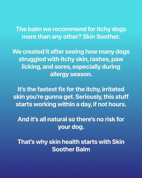 A high-contrast, text-heavy advertisement focusing on a specific pet skincare solution and its immediate benefits for dogs.