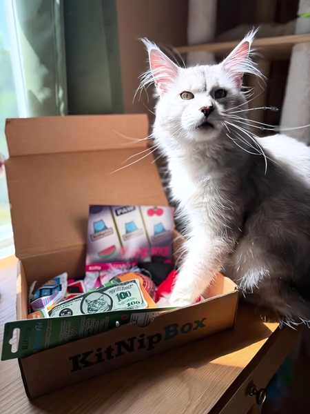 A high-clarity, eye-level shot of a cat posing next to an open subscription box filled with toys and cat-themed novelty items.