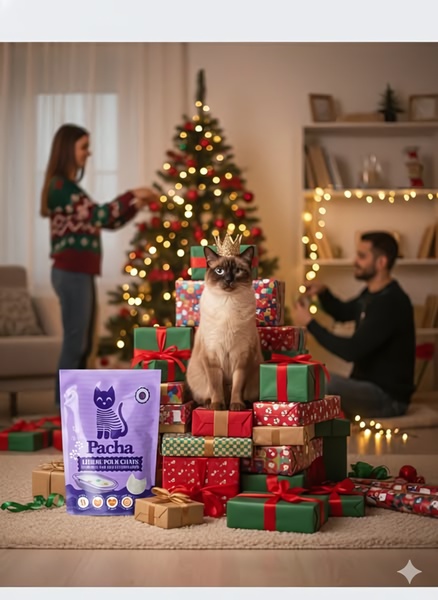 A Siamese cat wearing a crown sits atop a stack of wrapped Christmas presents, with a bag of cat litter positioned in the foreground.