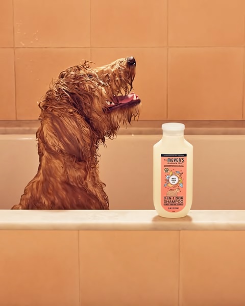 A clean, high-contrast studio shot featuring a dog shampoo bottle placed alongside a freshly bathed dog in a bathtub setting.