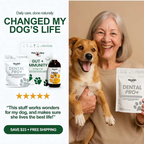A split-screen testimonial ad for pet health supplements, showcasing a happy customer with their dog alongside the product range.