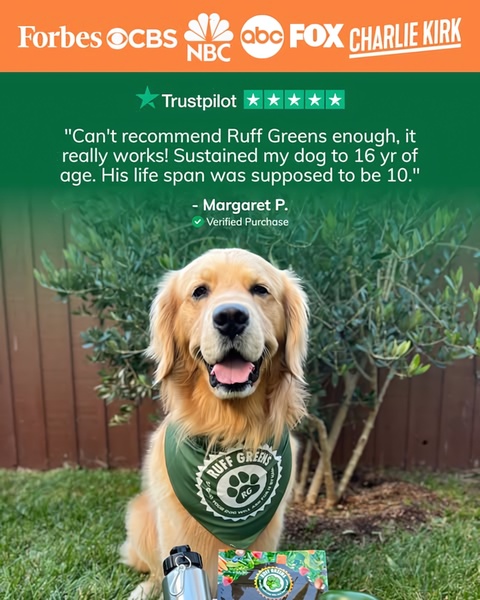 This static creative showcases a dog health product using a customer review, Trustpilot rating, and media credibility logos to build trust.