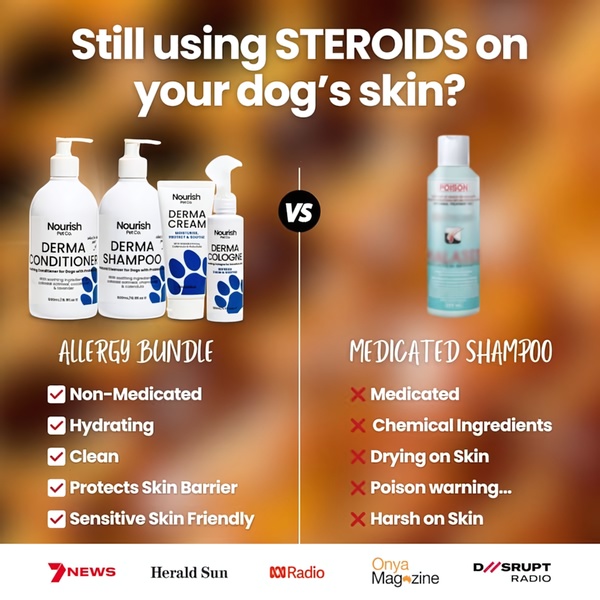 A square comparison chart contrasting an all-natural dog allergy bundle against a harsh medicated shampoo to highlight product benefits.