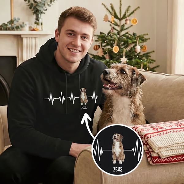 custom hoodie, pet photo hoodie, personalized sweatshirt, custom pet apparel, photo hoodie, personalized hoodie, custom clothing, product launch, lifestyle, warm, neutral, green, christmas