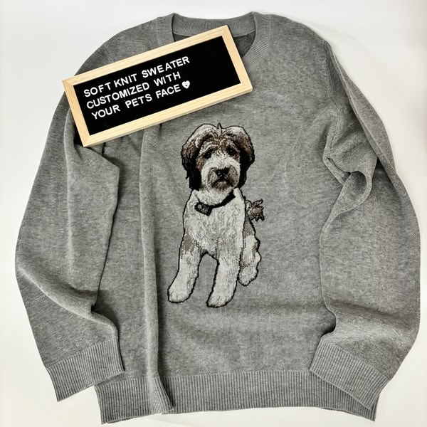 custom sweater, personalized sweatshirt, pet portrait sweater, knit sweater, custom clothing, personalized apparel, photo sweater, product launch, minimalist, warm, neutral