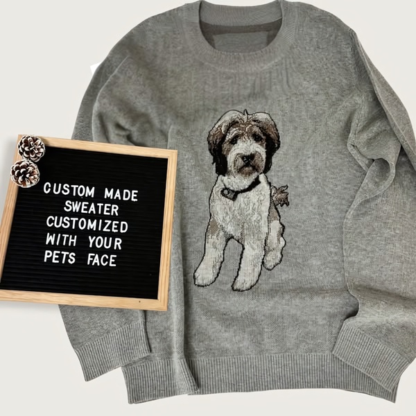 custom sweater, personalized sweatshirt, pet portrait sweater, custom clothing, personalized apparel, photo sweater, custom pullover, product launch, flat lay, warm, neutral