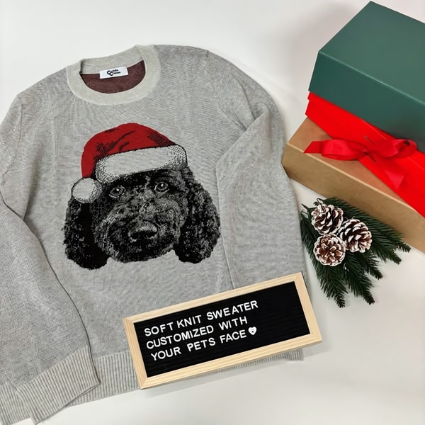 custom sweater, pet portrait shirt, personalized sweatshirt, custom clothing, photo sweater, pet face shirt, custom apparel, product launch, flat lay, playful, warm, neutral, red, green, christmas