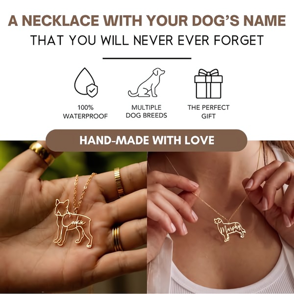 A split-screen creative highlighting a personalized name necklace featuring a specific dog breed and name, emphasizing the product's sentimental value.