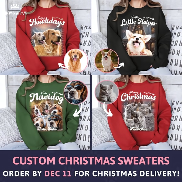 This 1:1 format ad showcases various custom Christmas sweaters featuring pet portraits, using a grid-style layout to demonstrate personalization options.