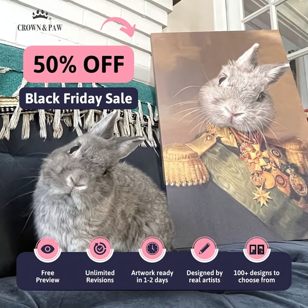 This static square ad displays a custom-printed historical portrait of a rabbit alongside the living subject, featuring a bold 50% discount callout.