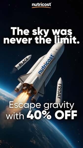 A vertical 9:16 ad featuring a rocket taking off into space with promotional text for a 40% off sale on supplements.
