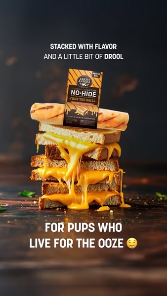 A high-quality studio shot of a dog chew product creatively stacked like a grilled cheese sandwich against a moody dark background.