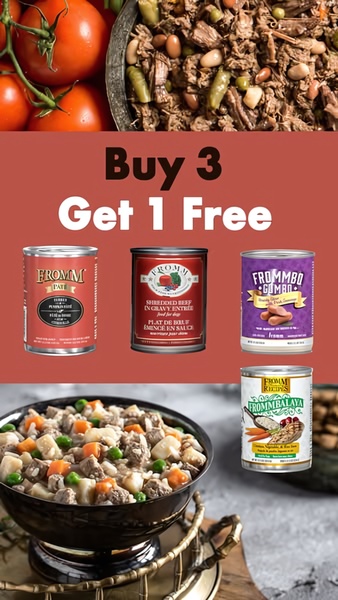 A vertical-format promotional ad for dog food showcasing product variety and a direct incentive-based offer.