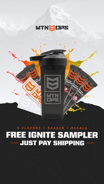 A high-conversion 9:16 vertical ad featuring an energy supplement shaker, five sample packets, and branded decals to highlight a free sampler offer.