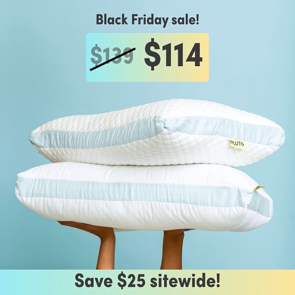 A clean, high-contrast visual showing a stack of two pillows held by a person with clear pricing information and a sitewide discount offer.
